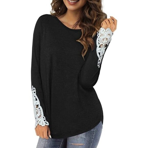 *NWT* Black Long Sleeve Top w. Lace Patchwork on the Arms - Picture 1 of 6